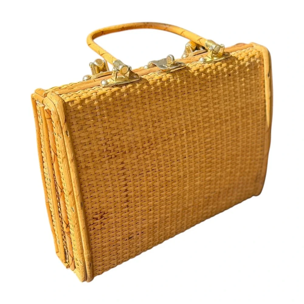 Vintage Wicker Top Handle Bag Woven Rattan Satchel Purse Honey Brown Cottagecore